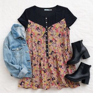 Kimchi Blue Floral Babydoll Dress Pink Black Button Front Mini Size Small